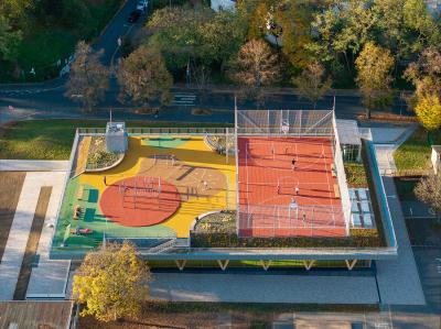 Sport- und Kulturhalle Alfter, Schrägluftbild Dachlandschaft