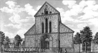 Stahlstich der Abteikirche Heisterbach, Zustand vor 1809,