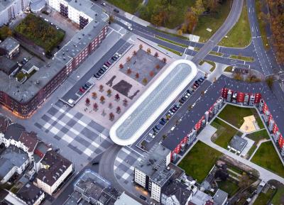 Luftbild des neu gestalteten Busbahnhofs Buschmannshof