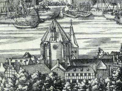 Ausschnitt aus dem Holzschnitt „Große Ansicht von Köln“, Alt St. Heribert um 1531-57