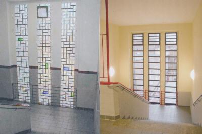 Treppenraum vor und nach der Sanierung mit Ersatz der Glasbausteine durch Alufenster in ursprünglicher Aufteilung