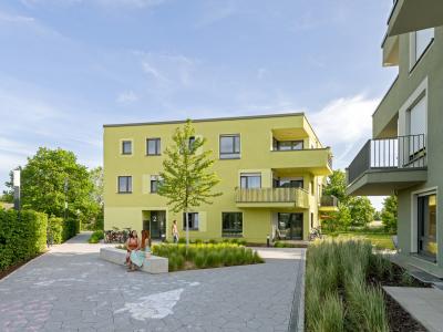 Typenhäuser für Geflüchtete, Vorplatz, polygonale Baukörper