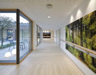Großformatige Fensterflächen erlauben Blicke in den begrünten Innenhof