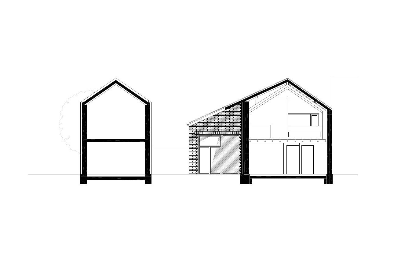 Querschnitt, erweiterter Bestandsbau, seitlicher Erweiterungsbau