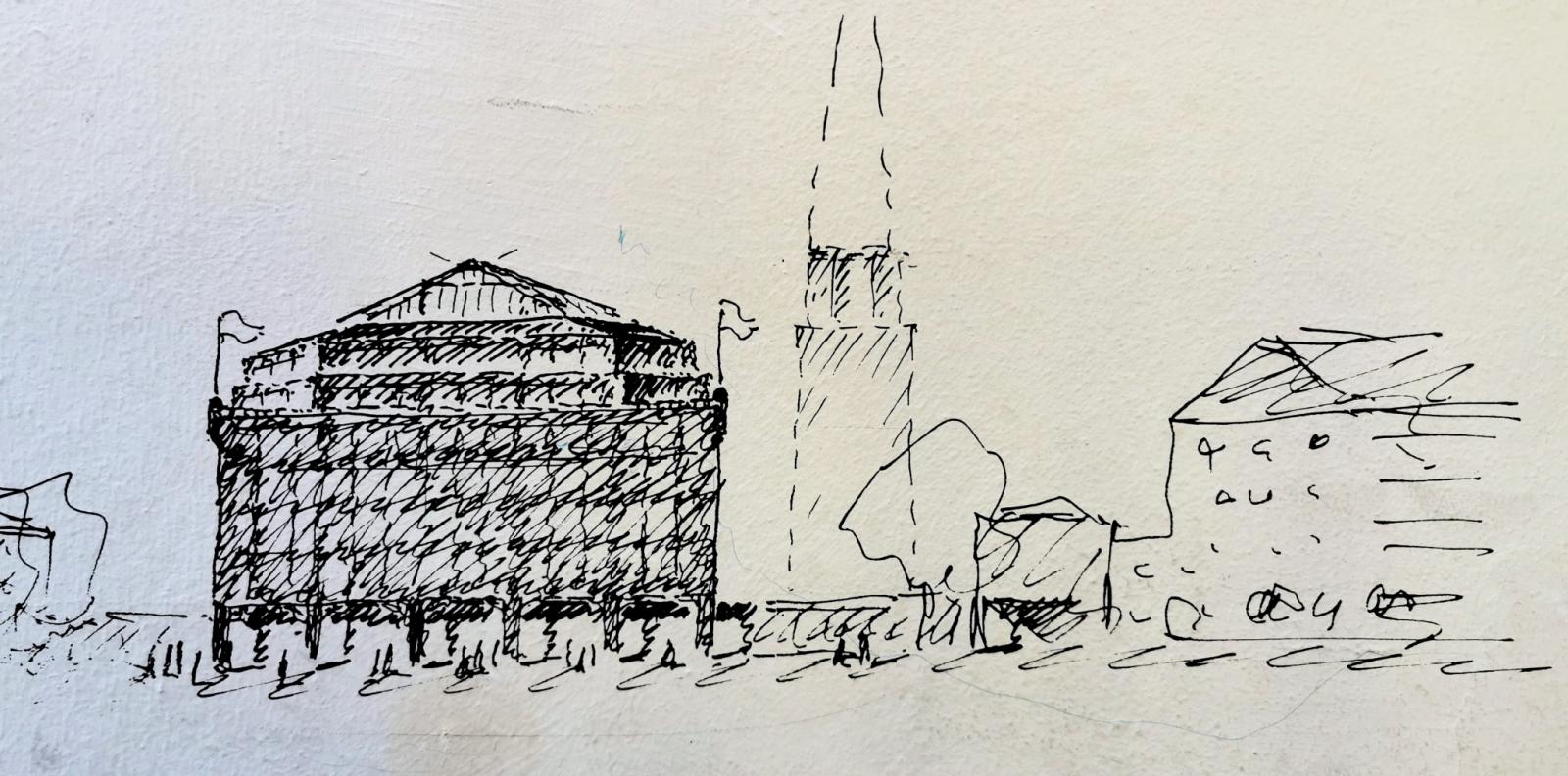 Architekturzeichnung von Böhm an der Galeriewand