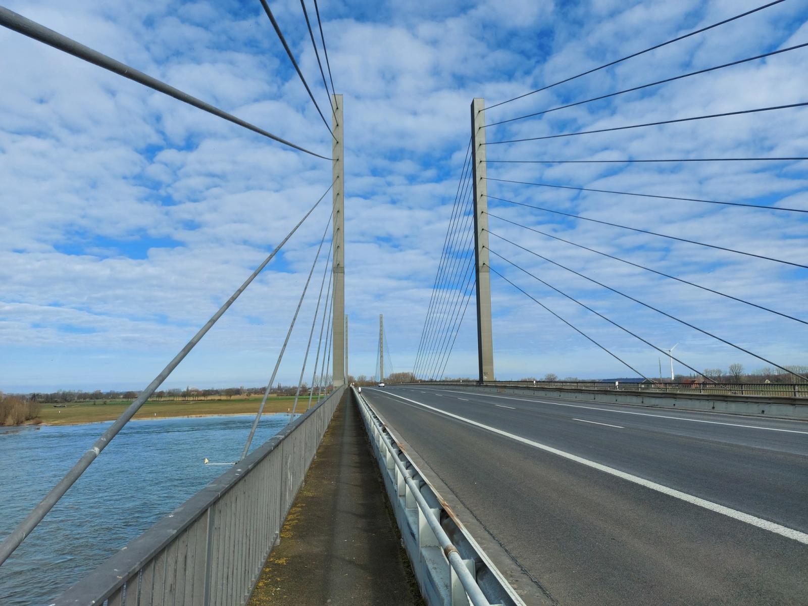Rheinbrücke Rees-Kalkar, Ansicht Pylone und Seile vom Fahrbahndeck aus