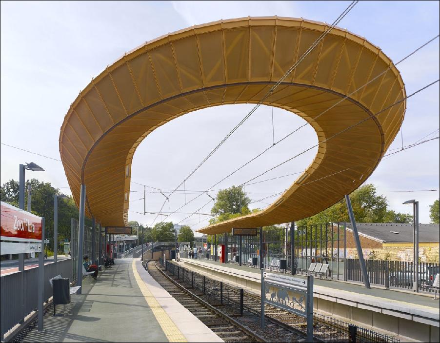 Blick vom nördlichen Ende des Bahnsteigs auf das geschwungene Dach