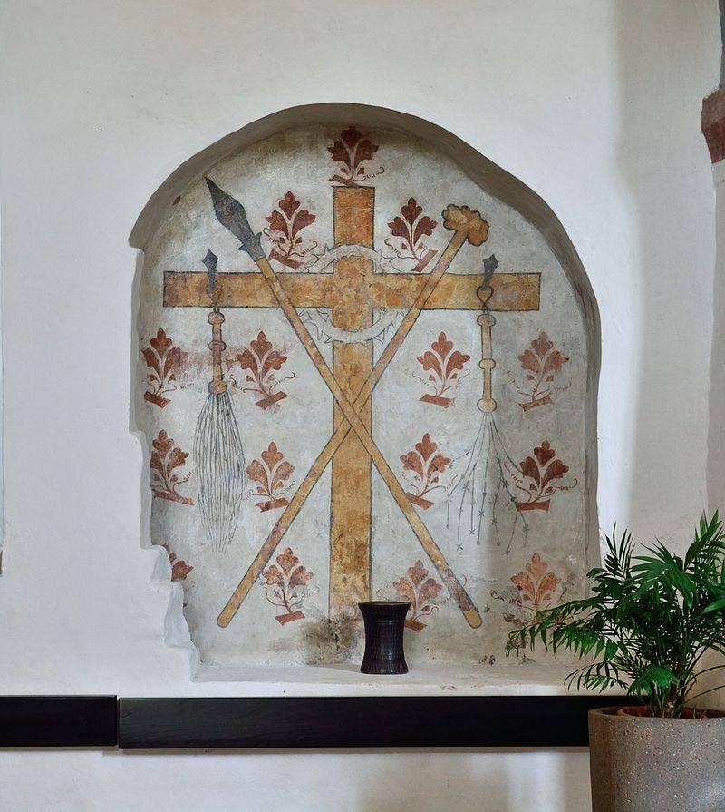 Spätgotisches Fresko mit Arma Christi