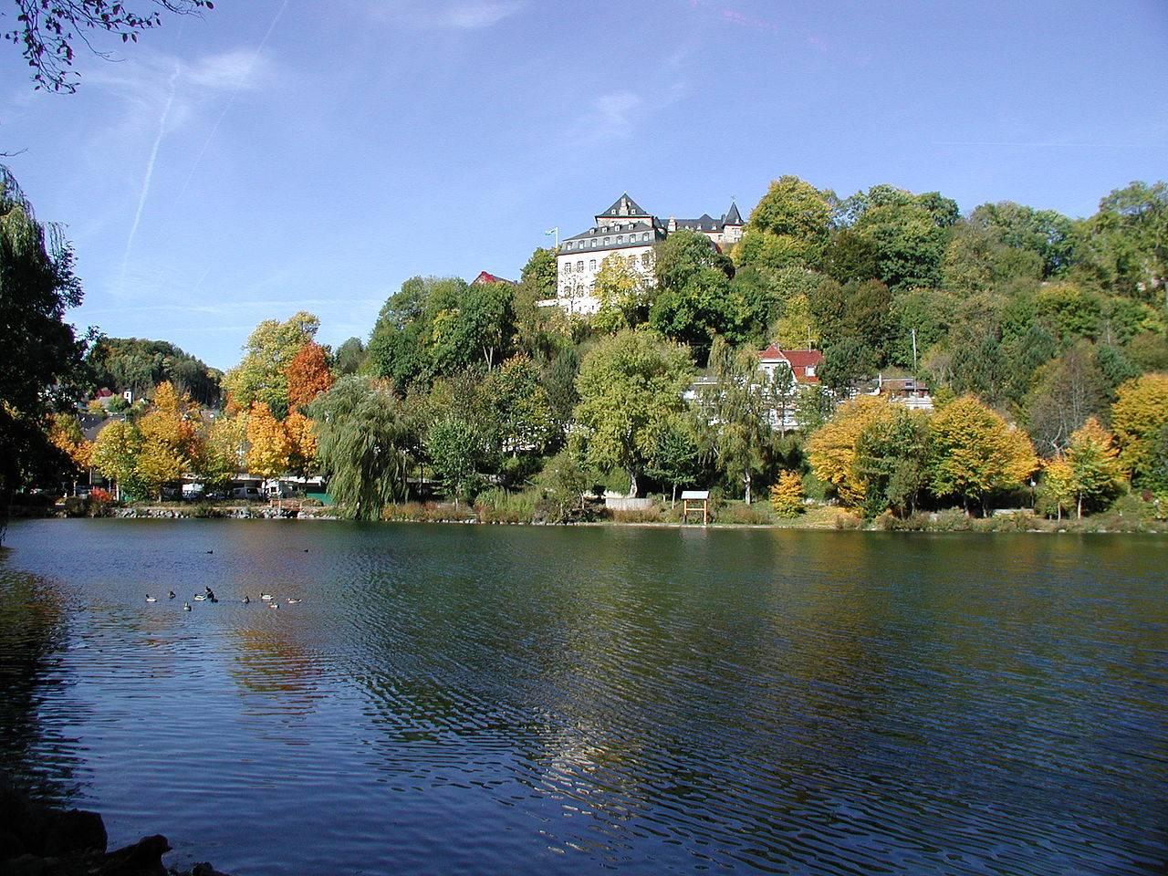 Blick vom nahegelegenen Weiher zur Burg