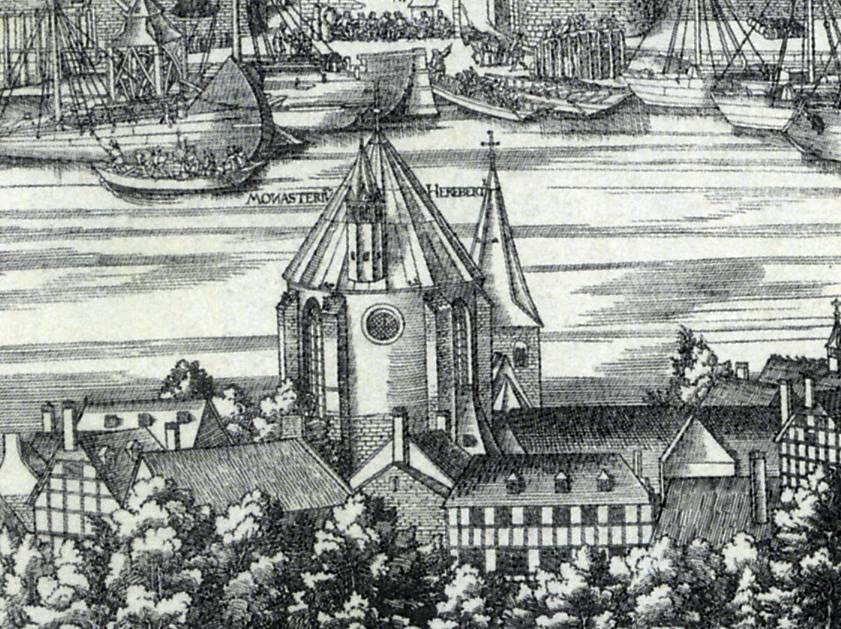 Ausschnitt aus dem Holzschnitt „Große Ansicht von Köln“, Alt St. Heribert um 1531-57